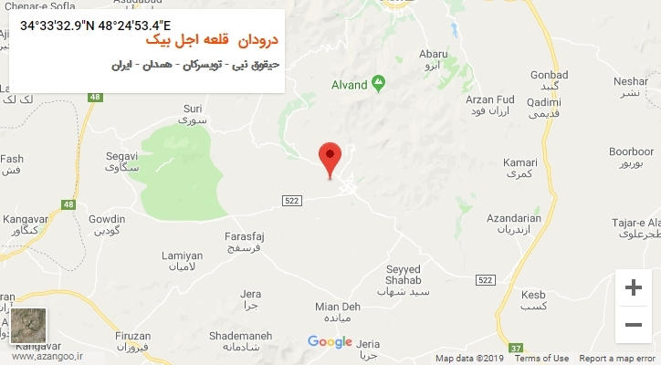 روستای درودان  قلعه اجل بیک بر روی نقشه