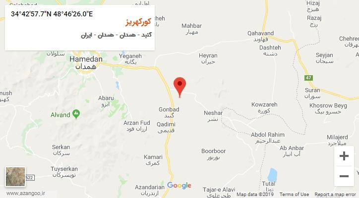 روستای کورکهریز بر روی نقشه