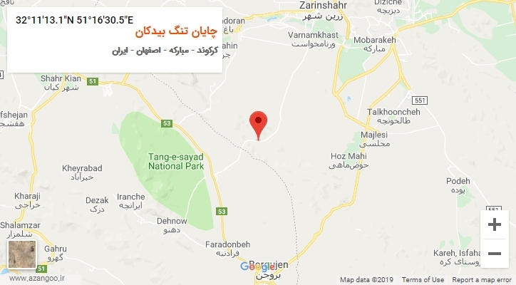 روستای چایان تنگ بیدکان بر روی نقشه