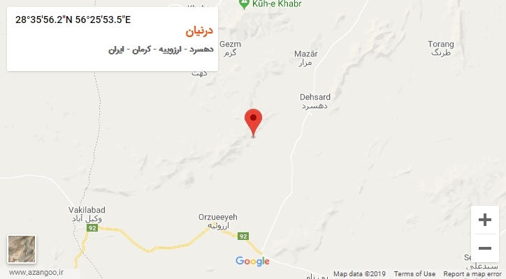 روستای درنیان بر روی نقشه