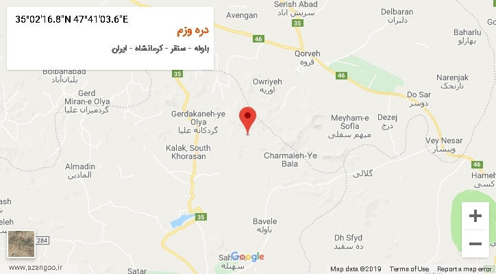 روستای دره وزم بر روی نقشه