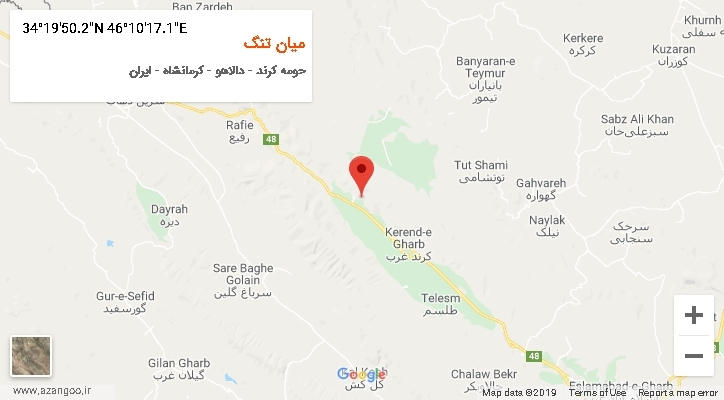 روستای میان تنگ بر روی نقشه