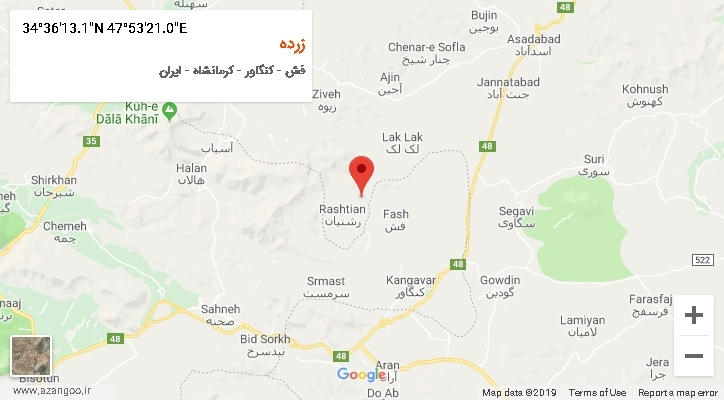 روستای زرده بر روی نقشه