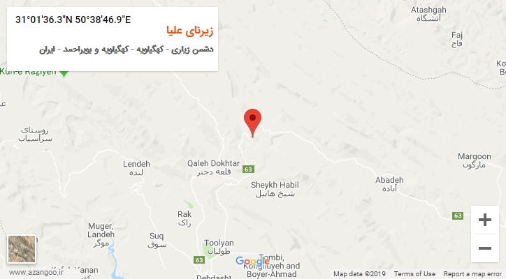 روستای زیرنای علیا بر روی نقشه
