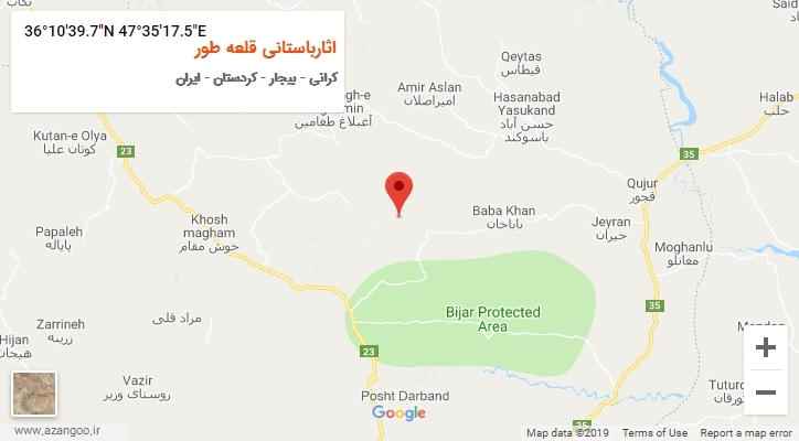 روستای اثارباستانی قلعه طور بر روی نقشه