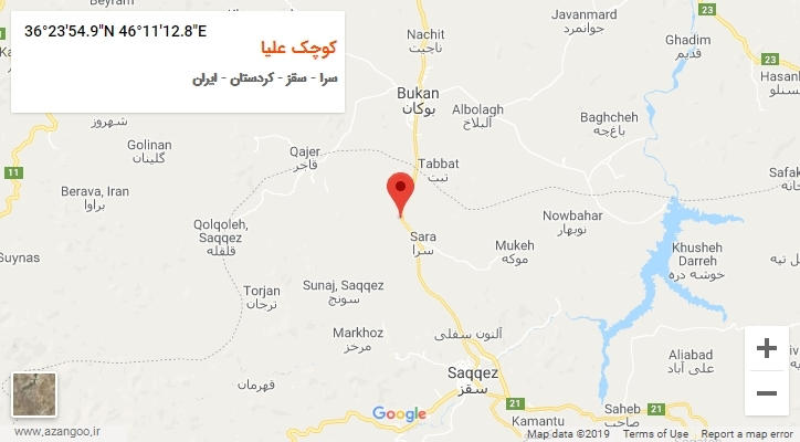 روستای کوچک علیا بر روی نقشه