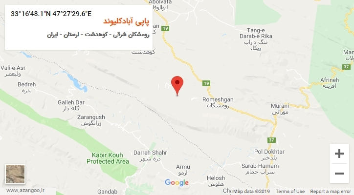 روستای پاپی آبادکلیوند بر روی نقشه