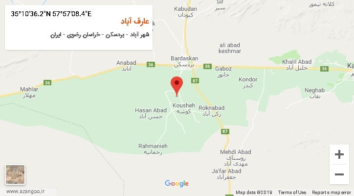 روستای عارف آباد بر روی نقشه