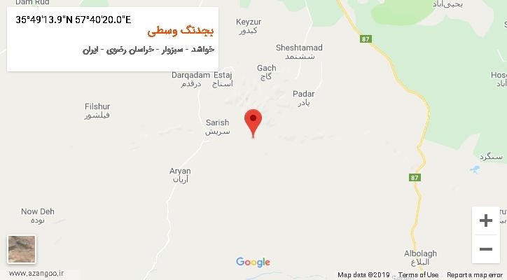 روستای بجدنگ وسطی بر روی نقشه