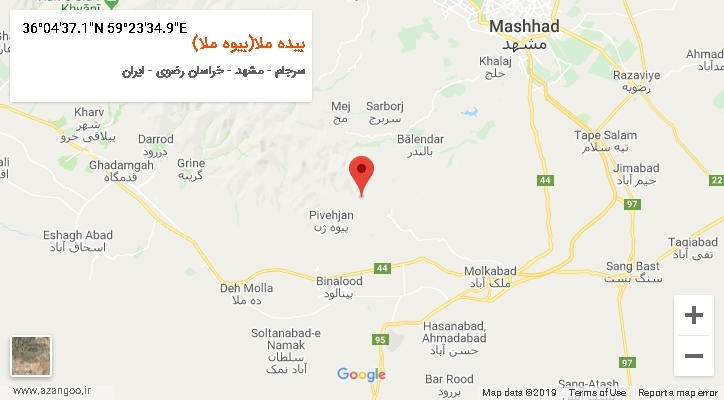 روستای بیده ملا(بیوه ملا) بر روی نقشه
