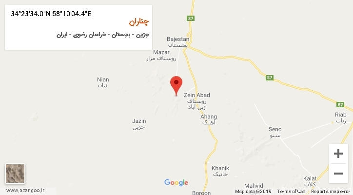 روستای چناران بر روی نقشه