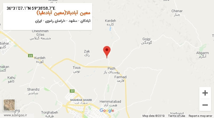 روستای معین آبادبالا(معین آبادعلیا) بر روی نقشه