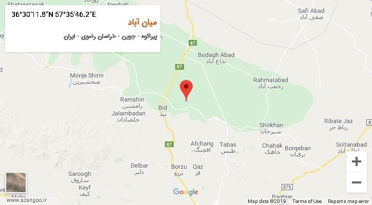 روستای میان آباد بر روی نقشه