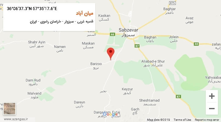 روستای میان آباد بر روی نقشه