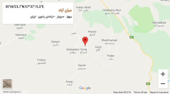 روستای میان آباد بر روی نقشه
