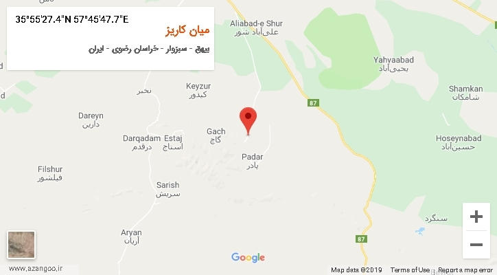 روستای میان کاریز بر روی نقشه