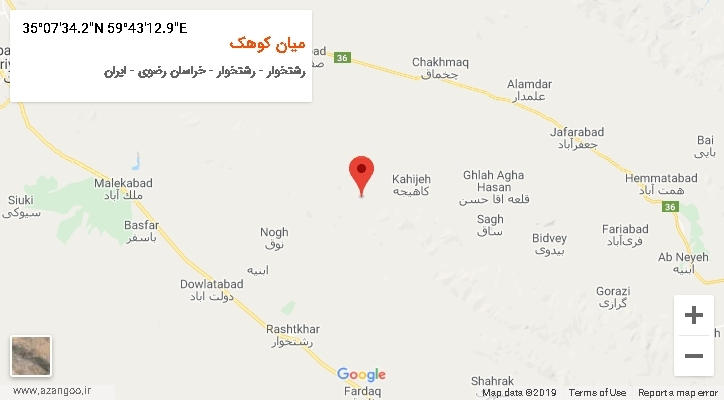روستای میان کوهک بر روی نقشه