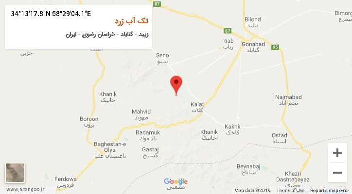 روستای تک آب زرد بر روی نقشه