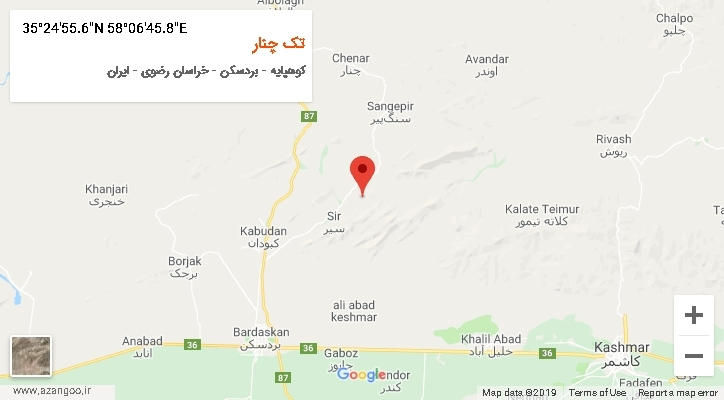 روستای تک چنار بر روی نقشه