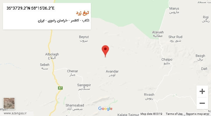 روستای تیغ زرد بر روی نقشه