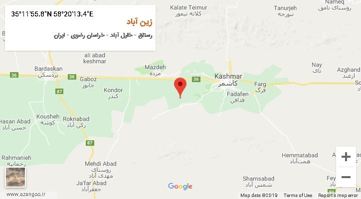 روستای زین آباد بر روی نقشه