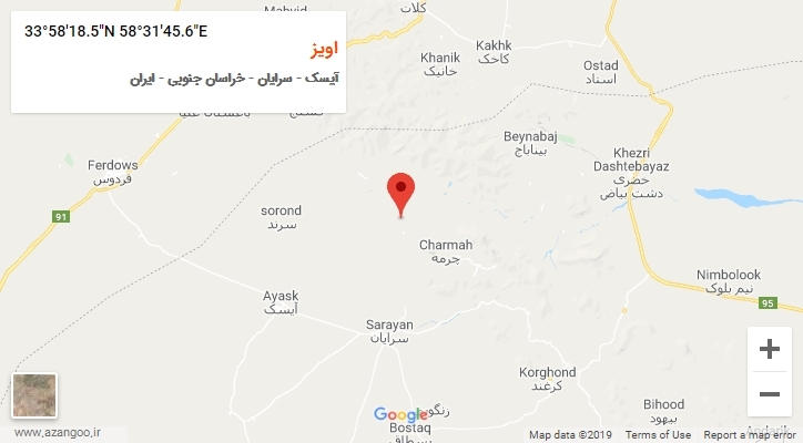 روستای اویز بر روی نقشه