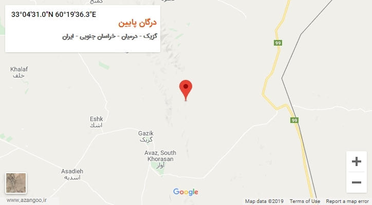 روستای درگان پایین بر روی نقشه