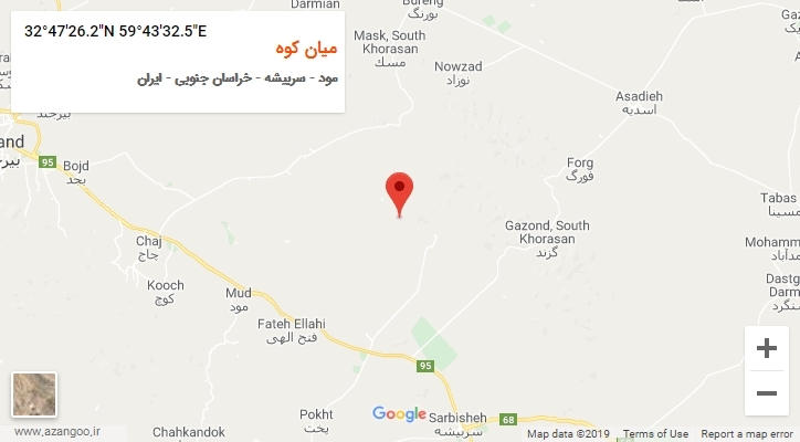 روستای میان کوه بر روی نقشه
