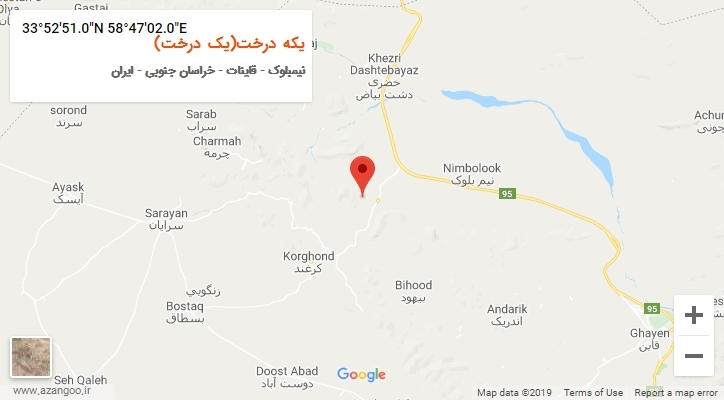 روستای یکه درخت(یک درخت) بر روی نقشه