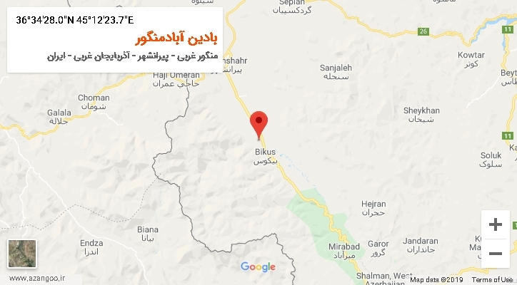 روستای بادین آبادمنگور بر روی نقشه