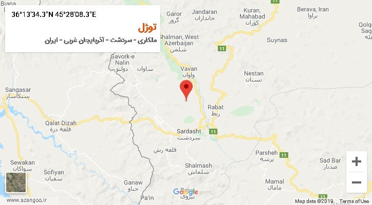 روستای توژل بر روی نقشه