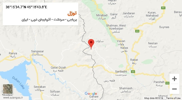 روستای توژل بر روی نقشه
